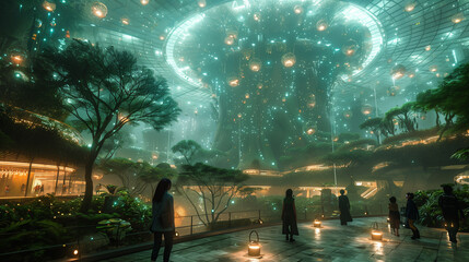 Tranquil Futuristic Botanical Garden with Bioluminescent Plants and Floating Platforms