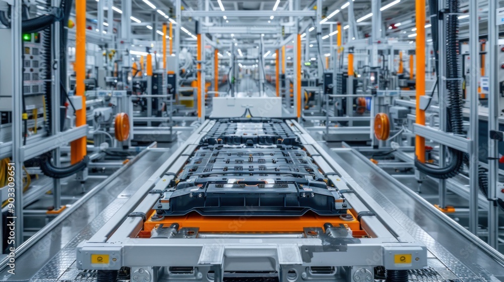 Poster automated assembly line with conveyor belt in factory setting for manufacturing and production proce