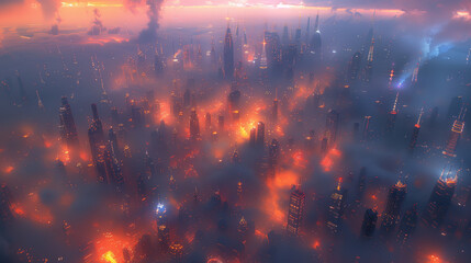 Fototapeta premium Breathtaking Futuristic Cityscape at Dusk with Neon Lights and Autonomous Vehicles