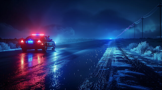 Side View of a Police Car Stopped on a Dark Country Road at Night