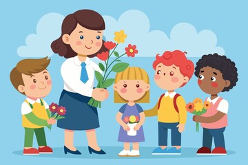 Obraz premium children give flowers to the teacher