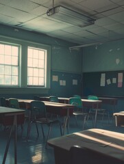 A traditional classroom with desks and chairs waiting for students