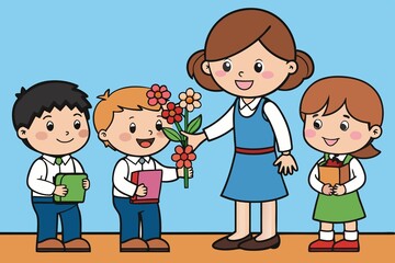 children give flowers to the teacher