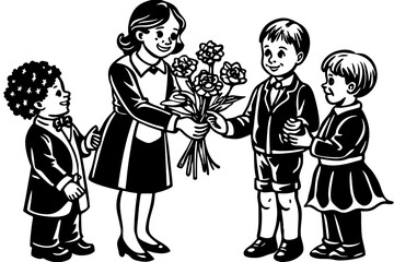 Naklejka premium children give flowers to the teacher