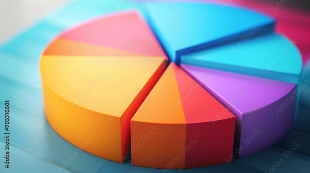 Poster 3d pie chart with different segments in vibrant colors, highlighting data distribution