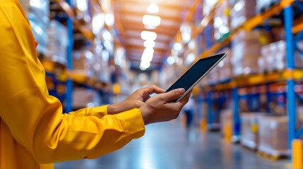 Logistics coordinator managing shipments and inventory in a busy warehouse, using a tablet and software to optimize transport management, with copy space for text