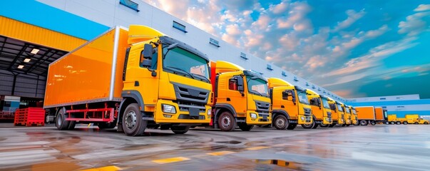 Fleet of delivery trucks parked outside a distribution center, ready to deliver goods to various locations, showcasing the efficiency of last mile logistics, with copy space for text