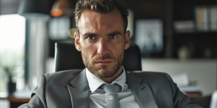 A businessman in a suit and tie is seated in a chair, ideal for use in corporate or professional settings