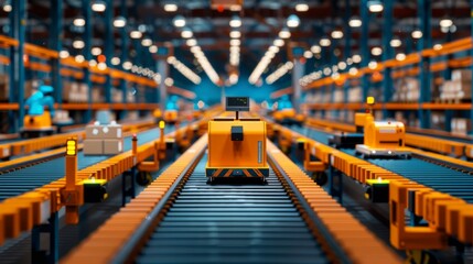 Fototapeta premium Automated warehouse with conveyor belts and sorting systems, illustrating the efficiency and innovation in modern logistics, with copy space for text