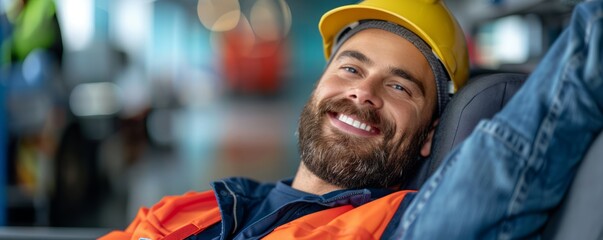 Driver resting at a modern facility with comfortable amenities, emphasizing the importance of rest and recovery in logistics, with copy space for text