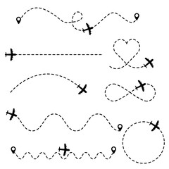 Airplane route icons. Vector flight paths. Black and white. Dotted travel lines.
