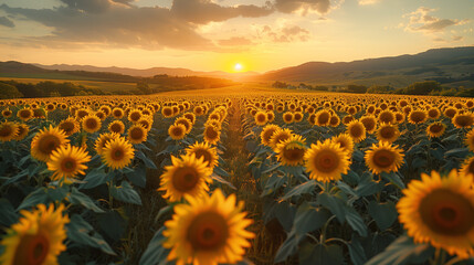 Fototapeta premium Aerial View of a Sprawling Sunflower Field at Golden Hour with Warm Glow