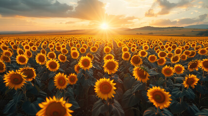 Obraz premium Aerial View of a Sprawling Sunflower Field at Golden Hour with Warm Glow