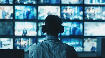 Security personnel monitoring surveillance cameras in an airport control room