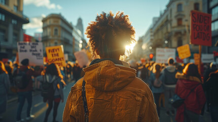 Diverse Group of Protesters United for Equality and Justice with Landmarks in Background