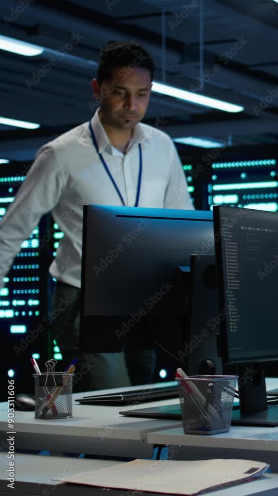 Poster vertical video management executive in data center ensuring system can handle networking tasks. cowo
