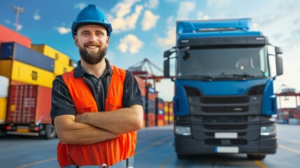 Truck driver standing next to a large cargo truck in an industrial area, with shipping containers and warehouses in the background, showcasing goods transportation and logistics, with copy space for