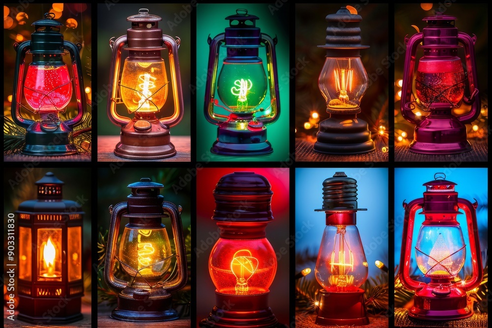 Poster colorful array of lanterns with various light bulbs emphasizing vibrant design and diversity.