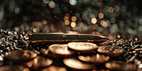 A pen sits on top of a pile of coins, suggesting financial planning or budgeting