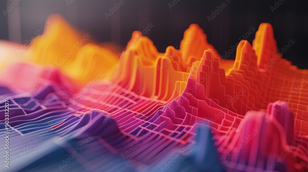 Aufkleber A 3D area chart with overlapping layers in different shades, depicting data trends over time.