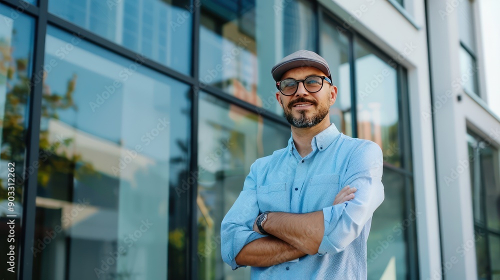 Aufkleber portrait of an architect in front of a completed architectural project