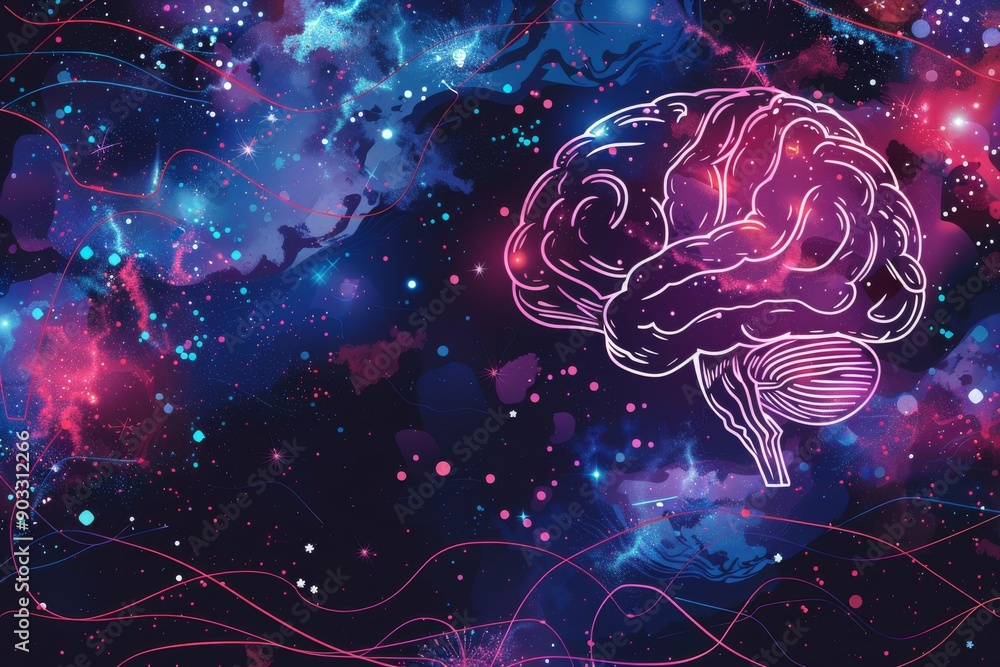 Poster cosmic brain illustration with galaxy background symbolizing the universe and limitless imagination.