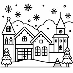 Christmas village with decorated house line art vector
