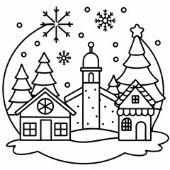 Christmas village with decorated house line art vector
