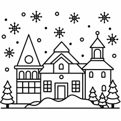 Christmas village with decorated house line art vector
