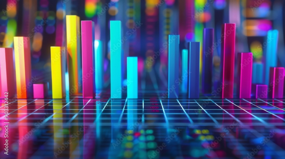 Poster a 3d bar graph with colorful bars rising from a grid base, representing financial growth.