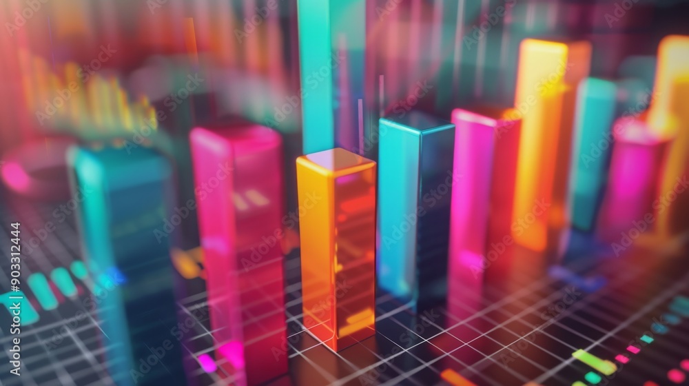 Poster a 3d bar graph with colorful bars rising from a grid base, representing financial growth.
