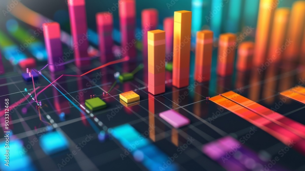 Leinwandbilder A 3D bar graph with colorful bars rising from a grid base, representing financial growth.