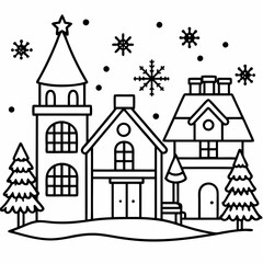 Christmas village with decorated house line art vector
