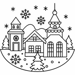 Christmas village with decorated house line art vector
