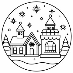 Christmas village with decorated house line art vector
