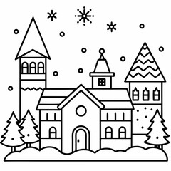 Christmas village with decorated house line art vector
