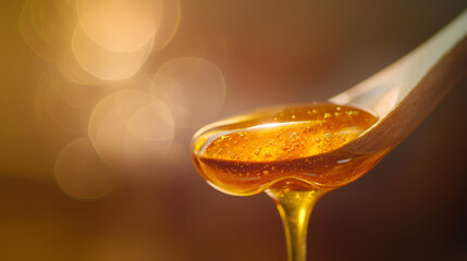 Detailed Macro Shot of Golden Honey Dripping from a Wooden Spoon
