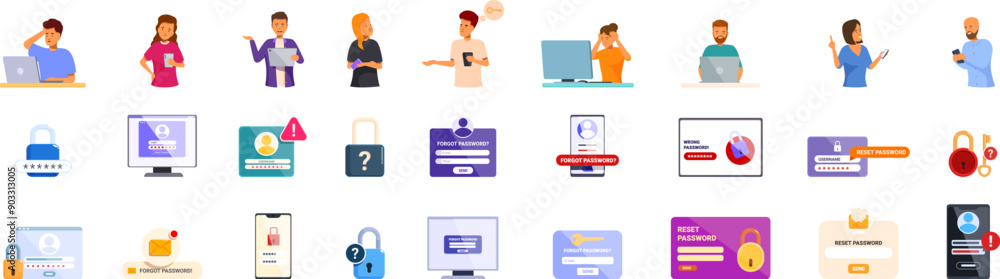 Poster forgot password icons set. people are using laptops and smartphones, logging into accounts, and rese