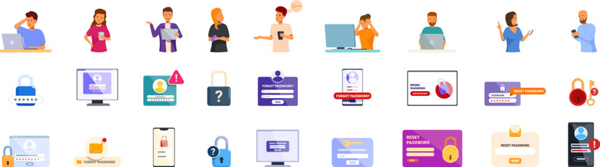 Forgot password icons set. People are using laptops and smartphones, logging into accounts, and resetting passwords