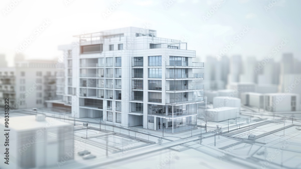 Poster architectural visualization software interface showing 3d building models