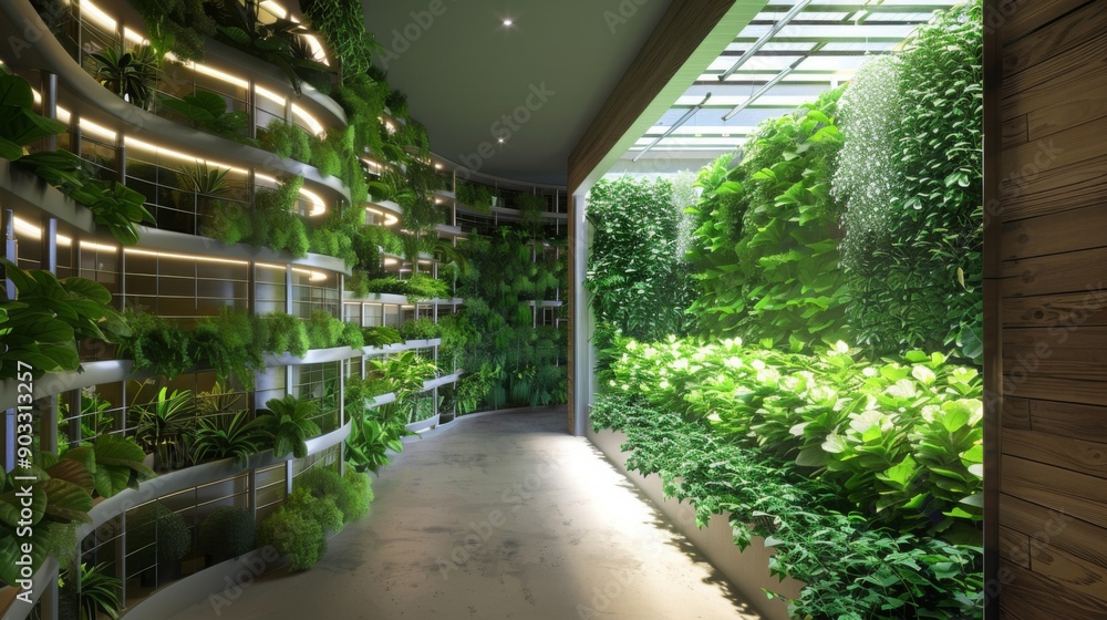Poster a modern interior space features a lush vertical garden with various plants and greenery. the garden