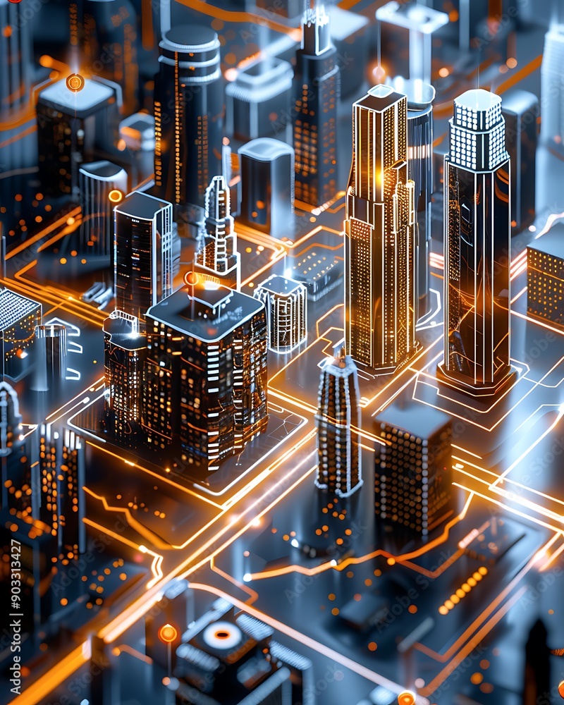 Poster semi close-up of an ai-generated cityscape, digital elements overlaying real structures, generative 