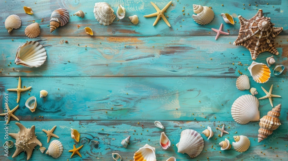 Poster seashells fish and starfish on rustic wooden surface with a turquoise background vacation theme top 