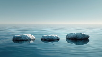 Serene Minimalist Landscape with Three Stones in Calm Blue Water Under Clear Sky, Perfect for Tranquility and Zen Concepts