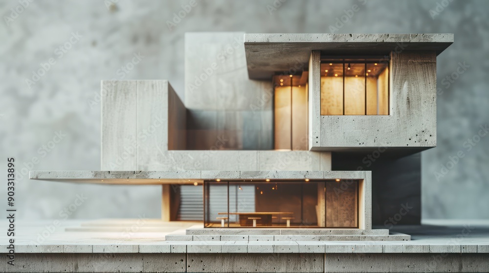 Poster brutalist architecture concept model showcasing bold angular shapes and raw materials