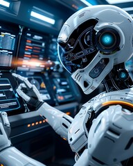 Fototapeta premium Semi close-up of an AI in a space station, holographic displays and controls, generative AI top players, more clarity with clear light and sharp focus, high detailed