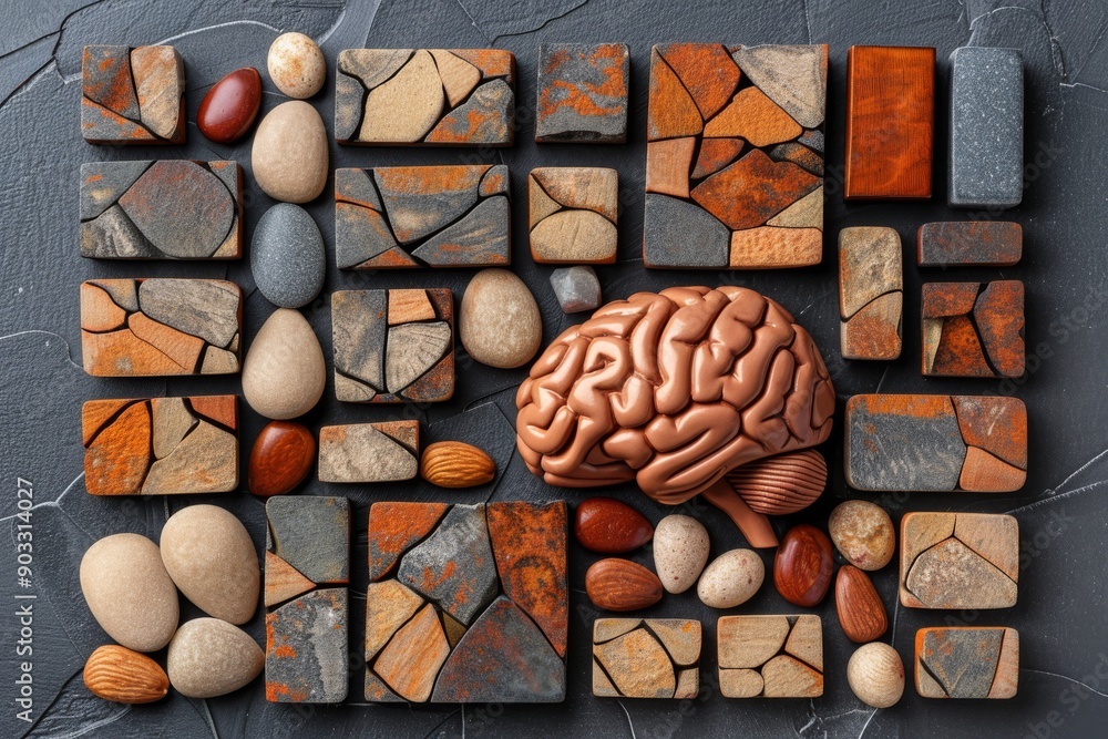 Poster artistic arrangement of brain and stones on a mosaic background symbolizing harmony and intellect.