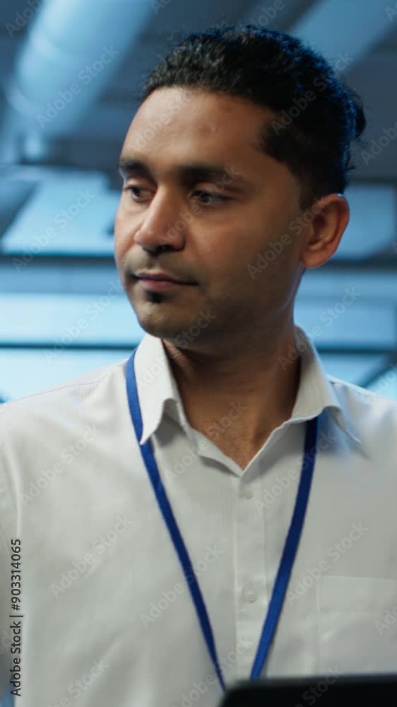 Poster vertical video programmer walking in high tech data center used for managing infrastructure energy c