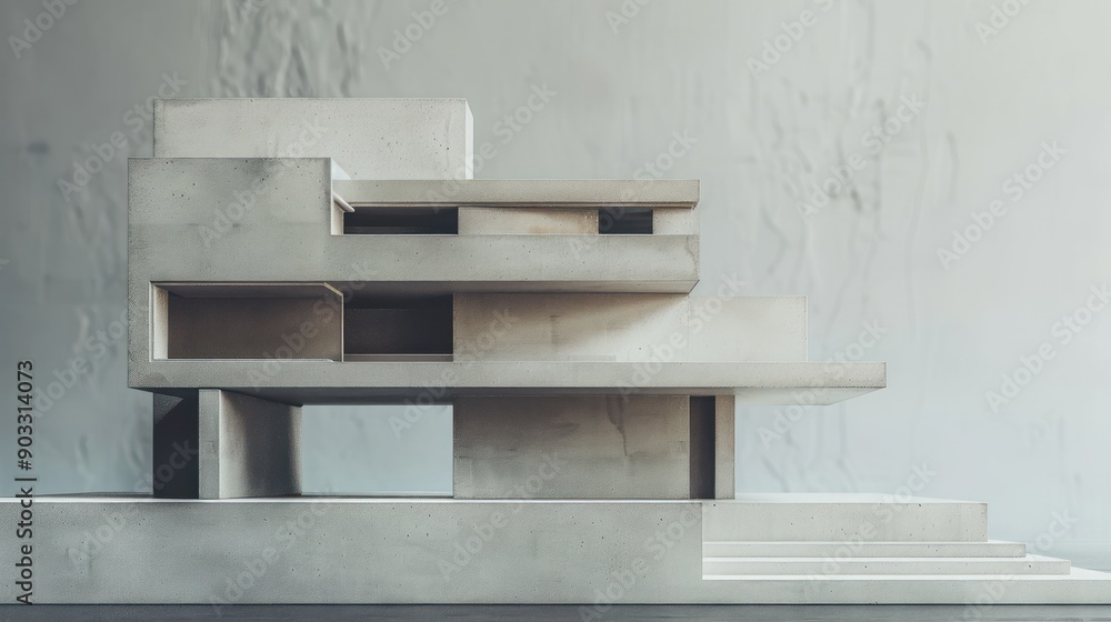Poster brutalist architecture concept model showcasing bold angular shapes and raw materials