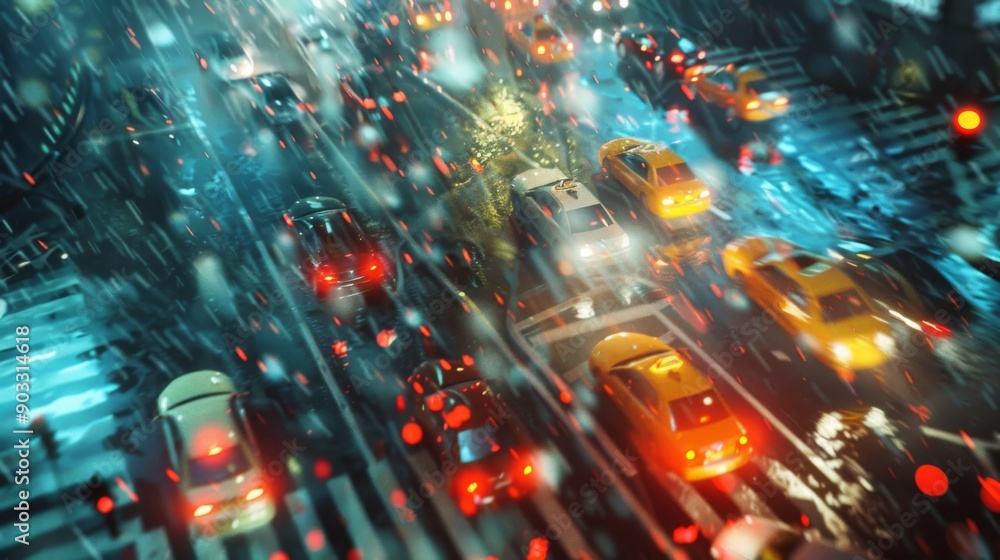 Poster a busy intersection with traffic lights shining through the rain and car headlights.